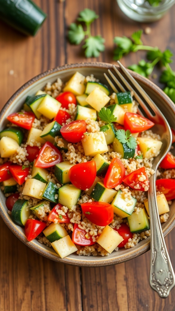 A colorful zucchini quinoa salad with diced vegetables and quinoa in a rustic bowl.